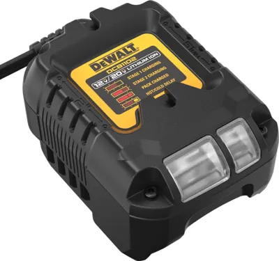 A DeWALT DCB1102 XR Li-Ion battery charger is shown from a slightly elevated angle against a white background.