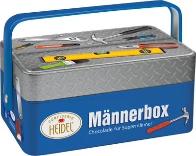 Produktbild von Heidel Männerbox Metallbox mit 8 Pralinen aus Vollmilchschokolade 86g