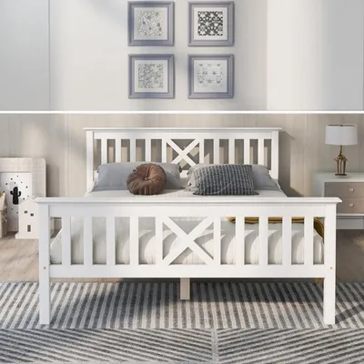 Image de Lit en bois massif 140x200 cm - Double - Blanc - Avec tête de lit