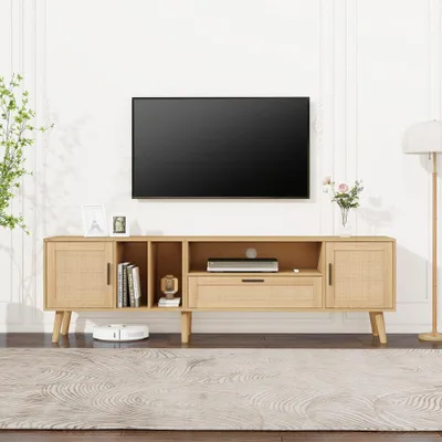 Produktbild von TV-Möbel, 180 cm - Eichenfarbe - Mit Rattan-Türen und -Schublade - Für Fernseher von 40 bis 49 Zoll - Modernes Holzwerkstoffmaterial