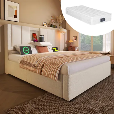 Produktbild von Polsterbett Einzelbett 90x200 versteckter Becherhalter Ladestation Hydraulisches Bett Stauraum Lattenrost Leinen Beige Mit Matratze