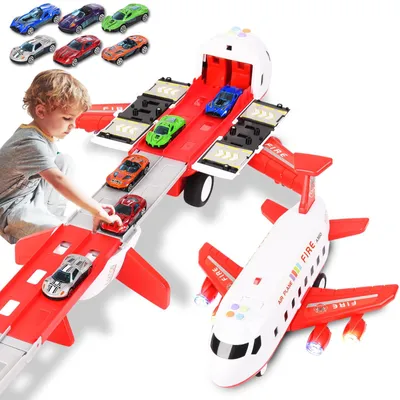 Produktbild von Transport Flugzeug Spielzeug, Transportflugzeug 6 Autos+4 Rennstrecken Set, Junge und Maedchen, Kinder (Rot)