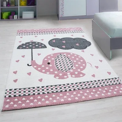 Immagine prodotto di Tappeto per bambini Unyqoos® rosa, 120 x 170 cm – tappeto da gioco a pelo corto con motivo di elefanti, pelo di 11 mm, 100% polipropilene