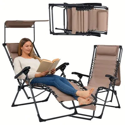 Image de Chaise Longue Pliante Transat jardin avec Pare-Soleil 51 × 88 × 107 cm