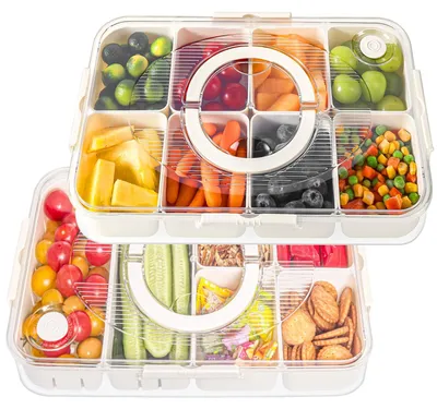 Image de Boîte à goûter avec 14 compartiments - Boîte de rangement avec couvercle - Récipient à goûter pour enfants - Organisateur pour bonbons/noix/fruits - Lavable au lave-vaisselle - Fabriquée en PP durable - Boîte de rangement