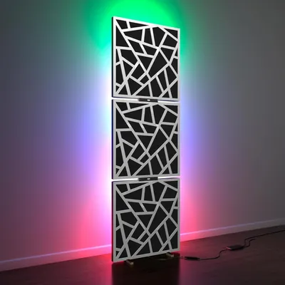 Produktbild von 3er-Pack – Akustikpaneele „SKYROSS” mit Stehleuchte RGB-Licht | Mobiler LED-Akustikständer mit Hintergrundbeleuchtung |150x50x5cm|Weißer Kunststoff