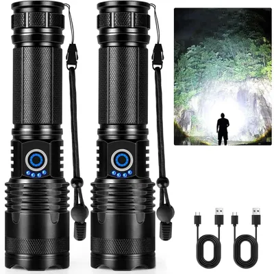 Produktbild von 2er-Pack Wiederaufladbare LED-Taschenlampen mit hoher Lumenzahl, 90.000 Lumen, superhelle Taschenlampen mit 5 Modi, wasserdichtes