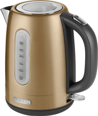 A studio shot of a gold electric kettle.