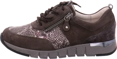 A side view of a brown women's sneaker with a snakeskin pattern on the side.