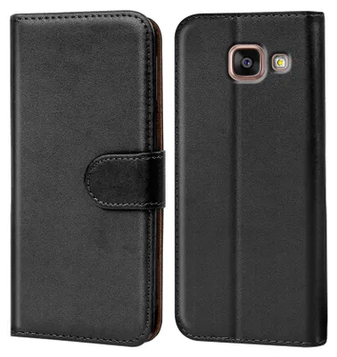 A black book-style phone case is shown from the front and back.