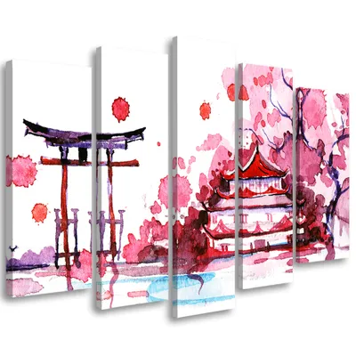 Obrázek produktu pro 5dílné plátno japonsko růžová krajina 150x100 cm Feeby růžová nástěnná malba připravená k zavěšení