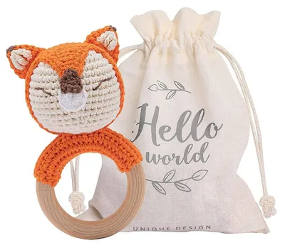 Produktbild von Babyrassel gehäkelt Holz Fuchs-Orange 13 cm