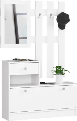Produktbild von Garderobe – Flurgarderobe – Garderobenmöbel mit Spiegel – 90 cm –  Weiß – Praktische Lösung mit Spiegel und Schuhschrank