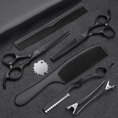 Produktbild von Friseurscheren Set 6.5" Haarschneideschere Effilierschere Schwarz Japanischer 440C Stahl