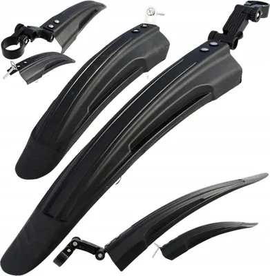 A set of black bicycle fenders displayed against a white background.