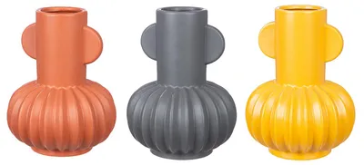 Productafbeelding van Gilde vaas, "Futurama", keramiek, bruin, geel, grijs, hoogte 20 cm, diameter 15 cm. Artikelnummer: 34317. EAN: 4063387343173. Set van 3 stuks (assortiment van 3 verschillende kleuren)
