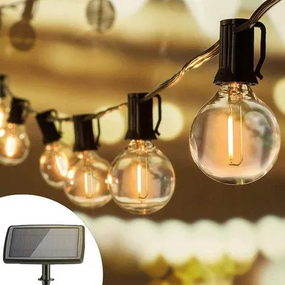 Image de Éclairage de jardin à énergie solaire - 25 + 1 ampoules G40 - Guirlande lumineuse d'extérieur à 4 modes - Résistante aux intempéries - Blanc chaud - Jardin, terrasse, patio, fête, décoration de mariage