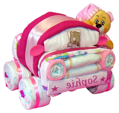Produktbild von Windeltorte | Kleines Windelauto mit rosa Schlafbär | Geschenk zur Geburt für Mädchen