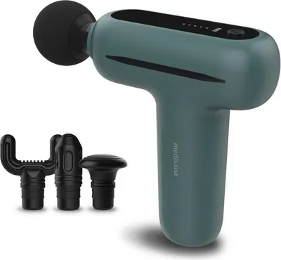 Obrázek produktu pro Masážní pistole MEDISANA MG 200, 5 úrovní vibrací, 5 V, 50 dB, lehká 370 g, výdrž baterie 8 hodin, šedá/zelená