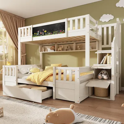 Obrázek produktu pro Dvoupatrová postel pro 3 děti s úložným prostorem, rozměry 90 x 200 cm, bílá barva