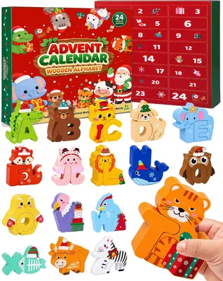 Imagen del producto de Calendario de Adviento con 26 figuras de animales de madera y letras del alfabeto