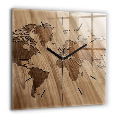 Produktbild von Wallfluent Große Wanduhr – Stilles Quarzuhrwerk - Uhr Dekoration Wohnzimmer Schlafzimmer Küche - Zifferblatt mit Striche - schwarze Zeiger - 60x60 cm - Weltkarte auf Holz