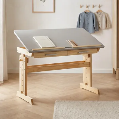 Produktbild von Kinderschreibtisch OLIVIA aus Kiefer in natur/grau, schöner Schülerschreibtisch neigungs- und höhenverstellbar, praktischer Jugendschreibtisch mit Schubladen