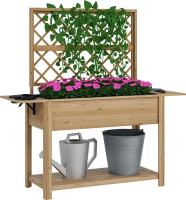 Image de Outsunny Jardinière rectangulaire sur pieds - potager surélevé avec treillis - 2 tablettes latérales rabattables et 1 étagère inférieure - bois dim. 140L x 45D x 151H cm