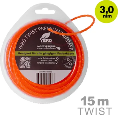 Produktbild von YERD 15m Mähfaden 3mm, 360° Twist 4-kant, leise, 3D verdrillter Trimmerfaden