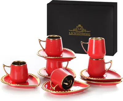 Produktbild von LB Espressotassen Set Cappuccino Tassen 6 teilig Kaffeetassen Set mit untertasse Kaffeetasse Porzellan 100ml Espressotassen Rot(LB114DE)