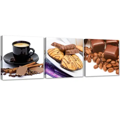 Produktbild von Set mit gemälden auf leinwand süßigkeiten mit kaffee 90x30 cm Feeby braun wandbild bereit zum aufhängen