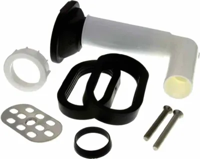 A collection of plumbing parts, including a black rubber seal, a white plastic pipe with an elbow, a white plastic nut, two metal screws, a metal grate, and a black rubber ring.