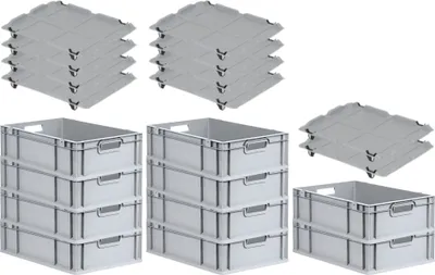 Produktbild von SparSet 10x Eurobox NextGen Economy mit Auflagedeckel und 4x Schiebeschnappverschlüsse Schwarz | Griffe offen | HxBxT 17x40x60cm | 34 Liter | Eurobehälter, Transportbox, Transportbehälter, Stapelbehälter