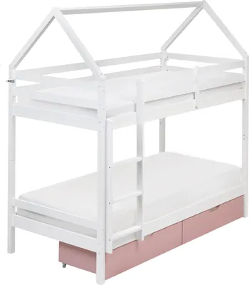 Produktbild von BELIANI Hochbett Weiß u. Rosa Kiefernholz 90 x 200 cm für 2 Personen Modern Etagenbett mit Leiter 2 Schubladen und Lattenrost Hausbett Schlafzimmer