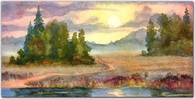 Produktbild von Coloray Bild aus Leinwand 140x70 Leinwand Dekoration - Aquarell Baum Sonnenuntergang