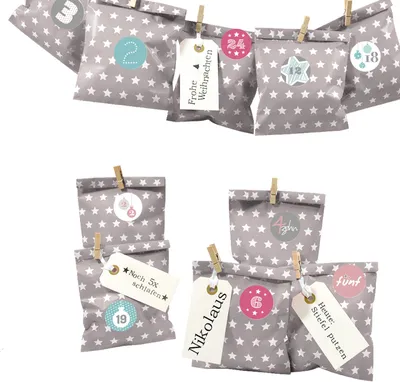 Produktbild von DIY Adventskalender zum Befüllen Bescherung, taupe Stern, Ziffern pastell, Papiertueten flach 13x16,5cm