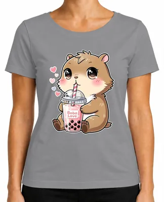 Productafbeelding van Boba Love Hamster Bubble Tea Kawaii Anime Schattig Cadeau T-shirt voor meisjes en dames, Bubble Tea print, grijs, maat M