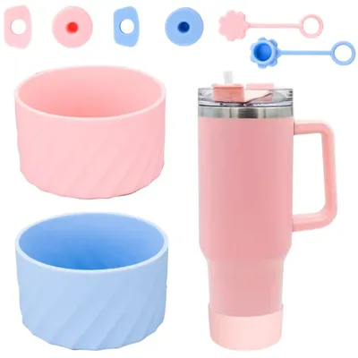Silikon-Flaschenhülle 2er-Pack + 6 Auslaufschutz-Stopfen, Rosa/Blau
