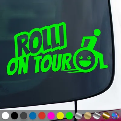Produktbild von PantherPixel Rollstuhlfahrer Aufkleber Rolli on Tour Handicap Sticker Auto Geschenkidee Farbe Neon-Grün