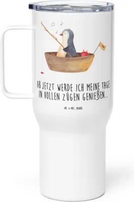 Produktbild von Mr. & Mrs. Panda Thermobecher Pinguin Angelboot - Weiß - Geschenk, Kaffee-to-go-Becher, Optimistisch, Angeln, Teetasse, Trinkgefäß, Isolierbecher, Boot, thermosbecher