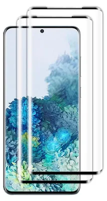 Three screen protectors are stacked on top of each other, with the front one showing a blurred image of a phone screen with a fingerprint graphic.