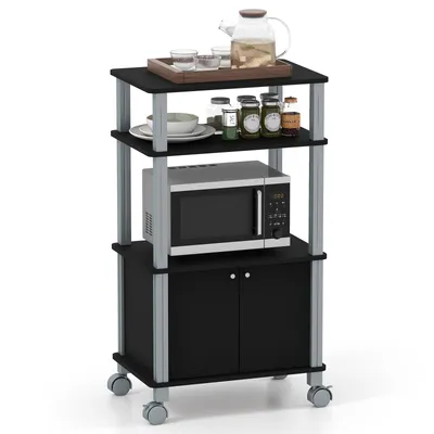A black and silver kitchen cart with a microwave and various items on its shelves, presented against a white background.