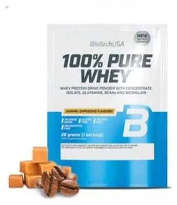 Imagen del producto de Proteína de suero de leche en polvo, 28g, BIOTECH USA, "100% Pure Whey", sabor caramelo-capuchino