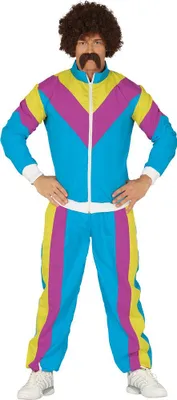 A man wearing a colorful 1980s-style tracksuit and afro wig.