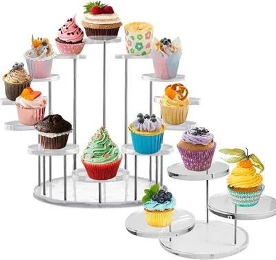 Imagen del producto de Uniqoos® Set de 2 soportes redondos de acrílico para cupcakes, transparentes – Exquisito expositor para postres y torre para cupcakes, soporte estable para pasteles ideal para bodas, cumpleaños y fiestas