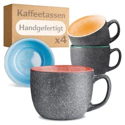 Produktbild von Cosumy Kaffeetassen 4er Set aus Keramik - 350ml – 𝗗𝗶𝗰𝗸𝘄𝗮𝗻𝗱𝗶𝗴𝗲𝘀 Steingut, Tassen mit Handgefertigter Reaktiver Glasur - Hält Lange Warm (Bunt)