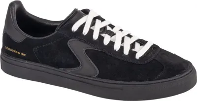 A black Skechers Arch Fit Legend sneaker with white laces is shown from a side angle against a white background.