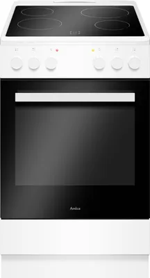 A front view of a white electric stove with a black oven door and glass cooktop.