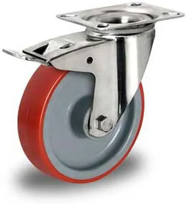 Produktbild von Rollensatz mit 4 Lenkrollen und Feststeller, 80 mm, Polyurethan rot