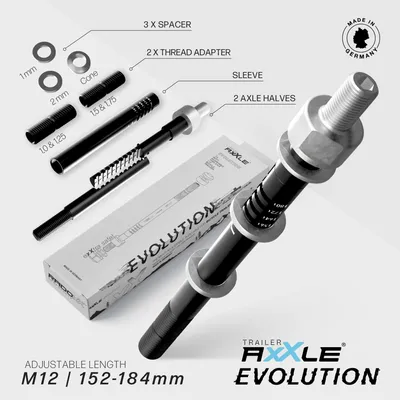 Produktbild von Trailer AxXle Evolution - Die variable Steckachse für Fahrradanhänger | M12x1,0 - 1,75 | 152-184 mm